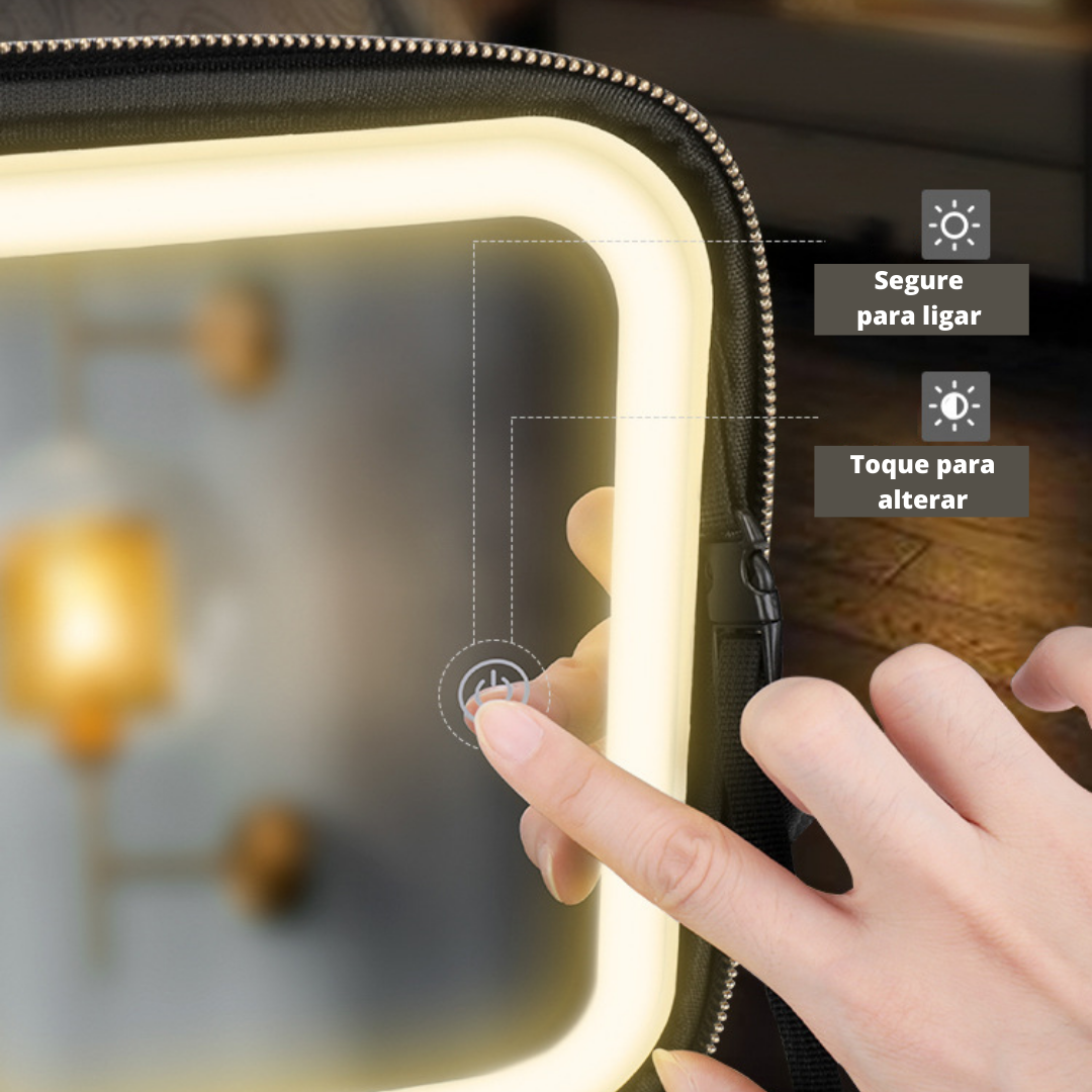 Necessaire de Couro com Espelho LED e Divisões Personalizáveis + BRINDE: Case para Pincéis | LedBag®